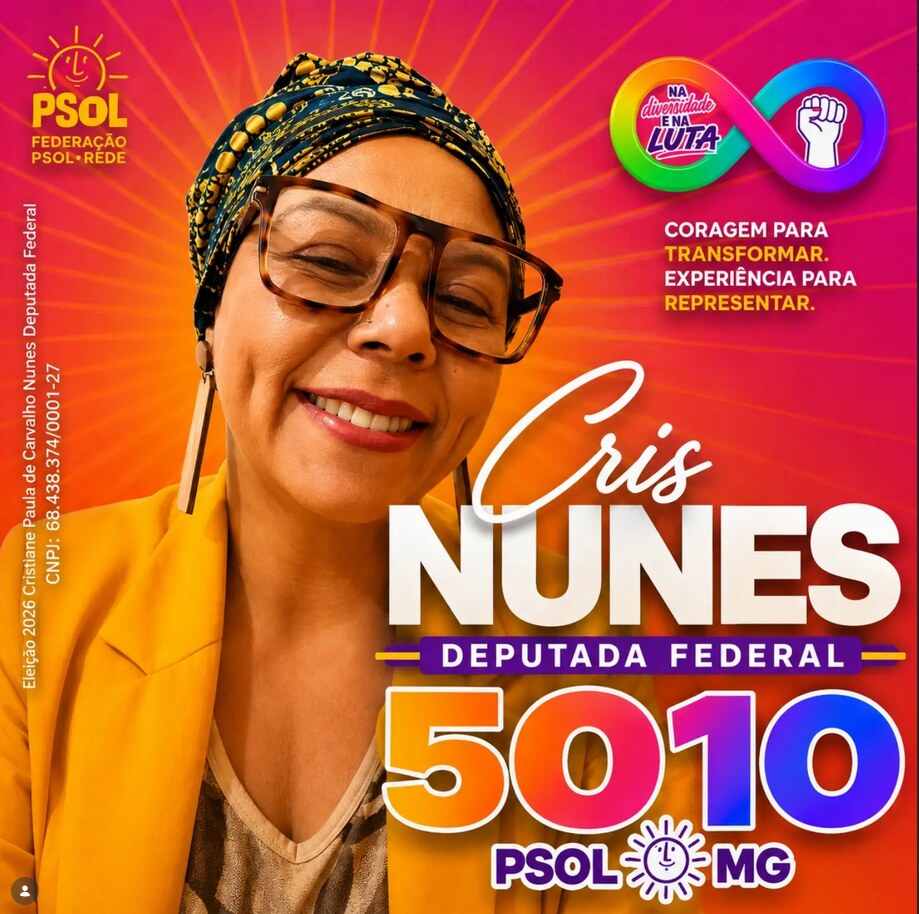 Material de campanha de Cris Nunes para deputada federal, com o número 5010 e PSOL MG